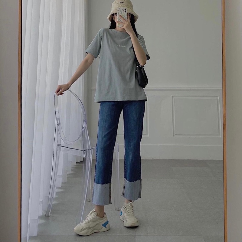 Quần jean nữ ống đứng gấp gấu, quần bò lưng cao dáng suông,chất denim co giãn tốt-Minxy shop