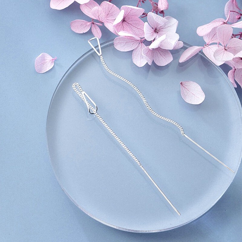 Bông Tai Bạc S925 Giọt Nước Không Đính Chốt Sợi Thả Trẻ Trung Cá Tính | Khuyên Tai Nữ Trang Sức Bạc Thời Trang