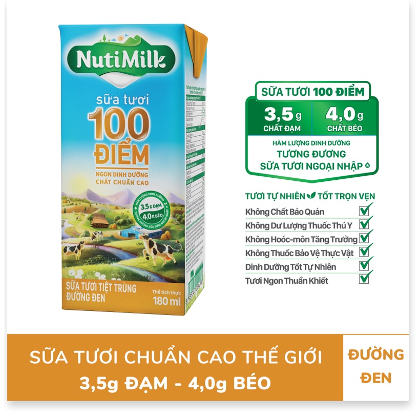 Lốc 4 Hộp NutiMilk Sữa tươi 100 điểm - Sữa tươi tiệt trùng đường đen 180ml L4.STDD180CRN - Thương Hiệu NUTIFOOD -AZKids