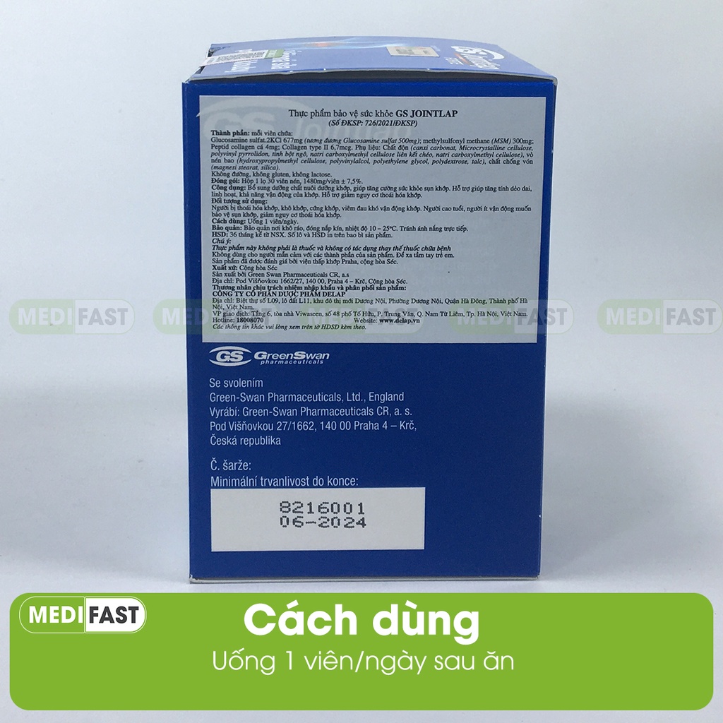 Giảm thoái hóa khớp GS Joint Lap bổ sung glucosamin, nhập khẩu từ châu Âu Hộp 30 viên có thêm Collagen