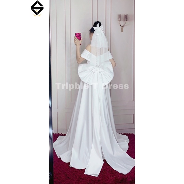 Đầm maxi cưới vẹt vai xếp ly sang trọng chất phi taffeta kèm nơ to TRIPBLE T DRESS - size S/M/L- MS184Y