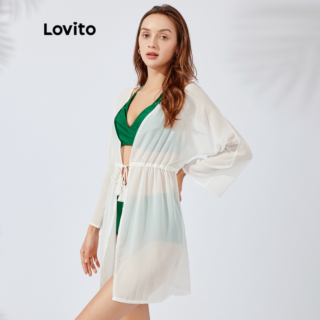 Áo khoác ngoài Lovito thiết kế cổ thẳng trơn màu thắt dây phong cách Boho L26AD008 (màu trắng)