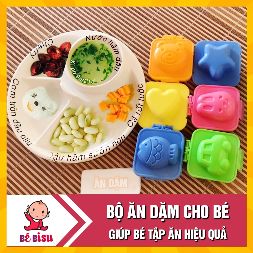 Combo ăn dặm: 1 Khay ăn Nhật tròn 4 ngăn Inomata và Bộ 6 Khuôn ép cơm bento cho bé