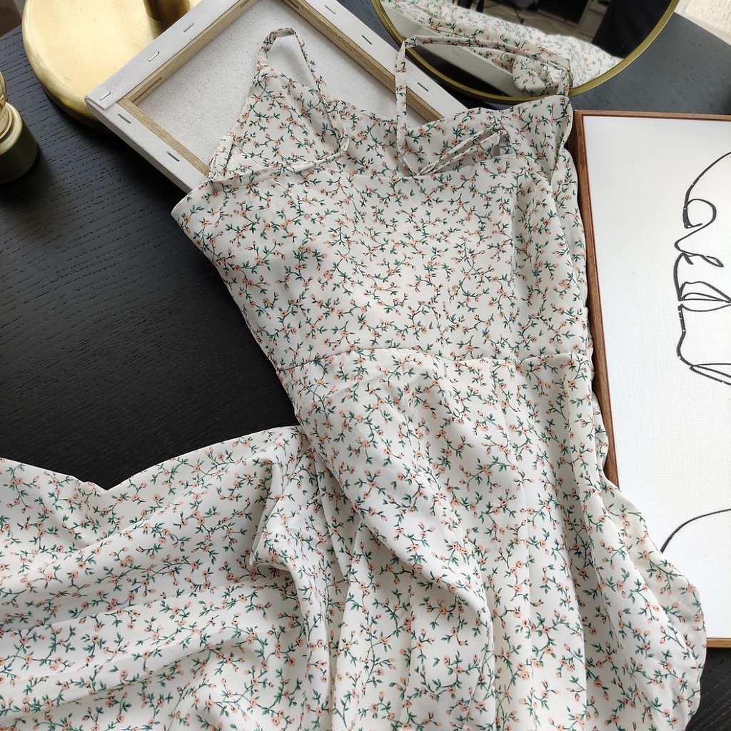 Đầm 2 dây ulzzang rút ngực, Váy hoa nhí 2 dây dáng dài nhẹ nhàng 2 màu trắng đen