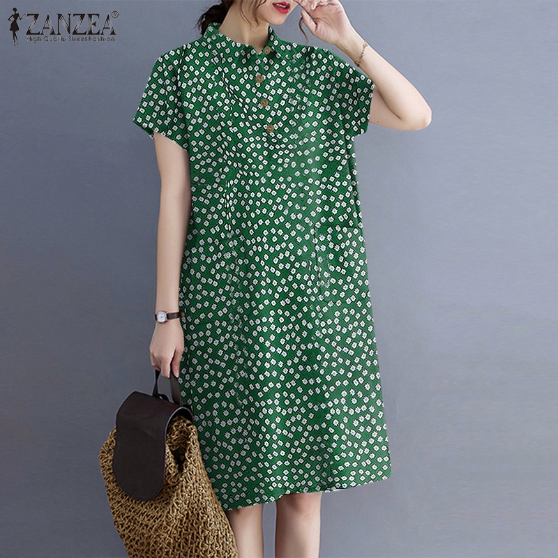 Đầm mini ZANZEA tay phồng dáng ngắn cổ bẻ in họa tiết phong cách vintage cho nữ