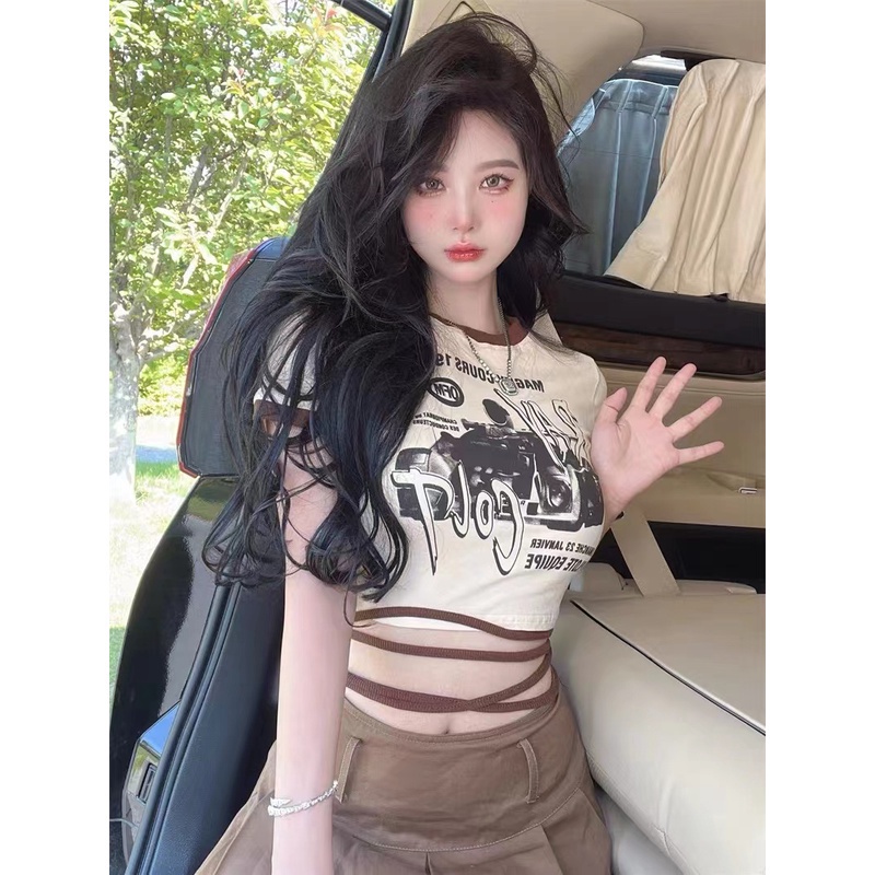 Áo croptop Có Cổ Nữ phong cách retro in sửa thân ngắn tay áo thun thắt lưng