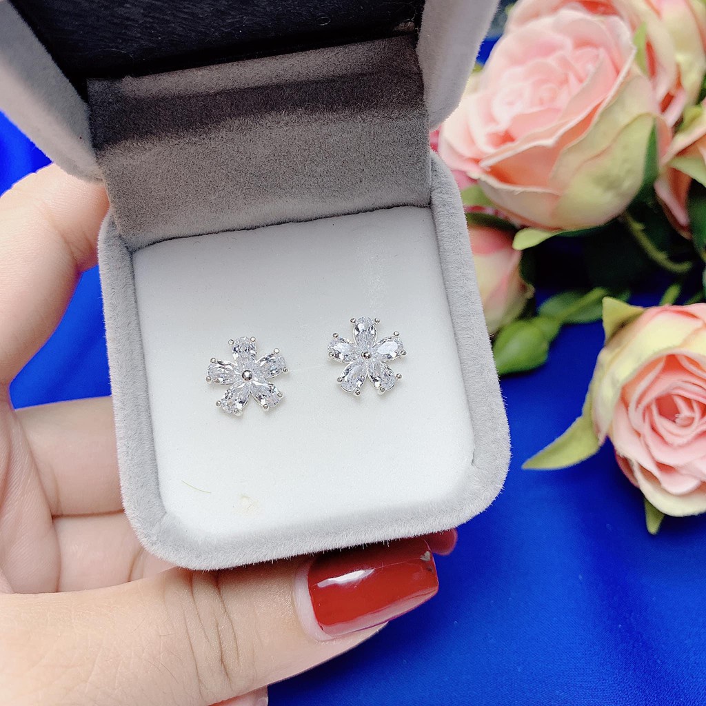 Khuyên Tai Bạc S99 CaoBac Silver Mặt Hoa Năm Cánh Đính Đá Phong Cách Nhẹ Nhàng Dành Cho Nữ - Trang Sức Cáo Bạc JEWELLERY