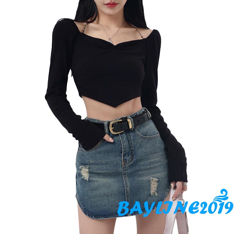 Bay-Women´s Crop Tops Chain Halter Shoulder Cutout Long Sleeve Irregular Hem Slim Fit Short Tops