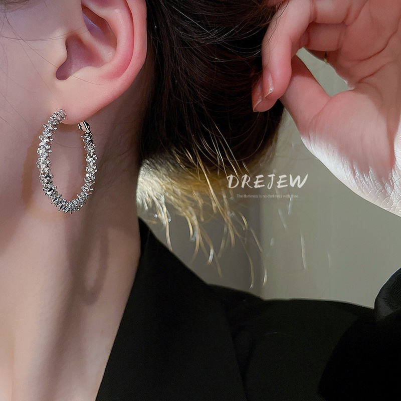 DREJEW Khuyên tai kim bạc đính đá zircon kiểu hình học cá tính hợp thời trang