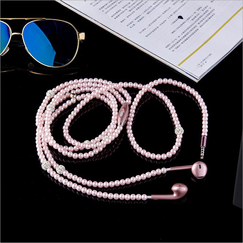 Tai Nghe Nhét Tai Kiểu Vòng cổ Đính Đá Ngọc Trai Màu Hồng Kích Thước 3.5mm Kèm Mic