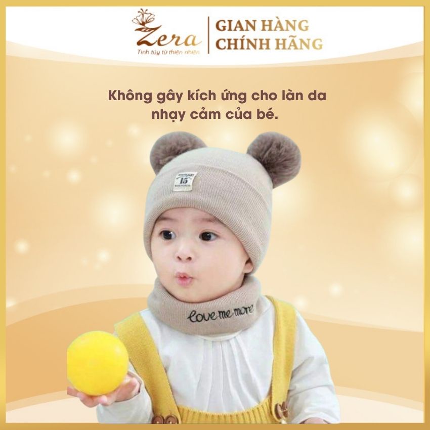 Mũ len giữ ấm đầu và tai cho bé Zera có 2 cục bông