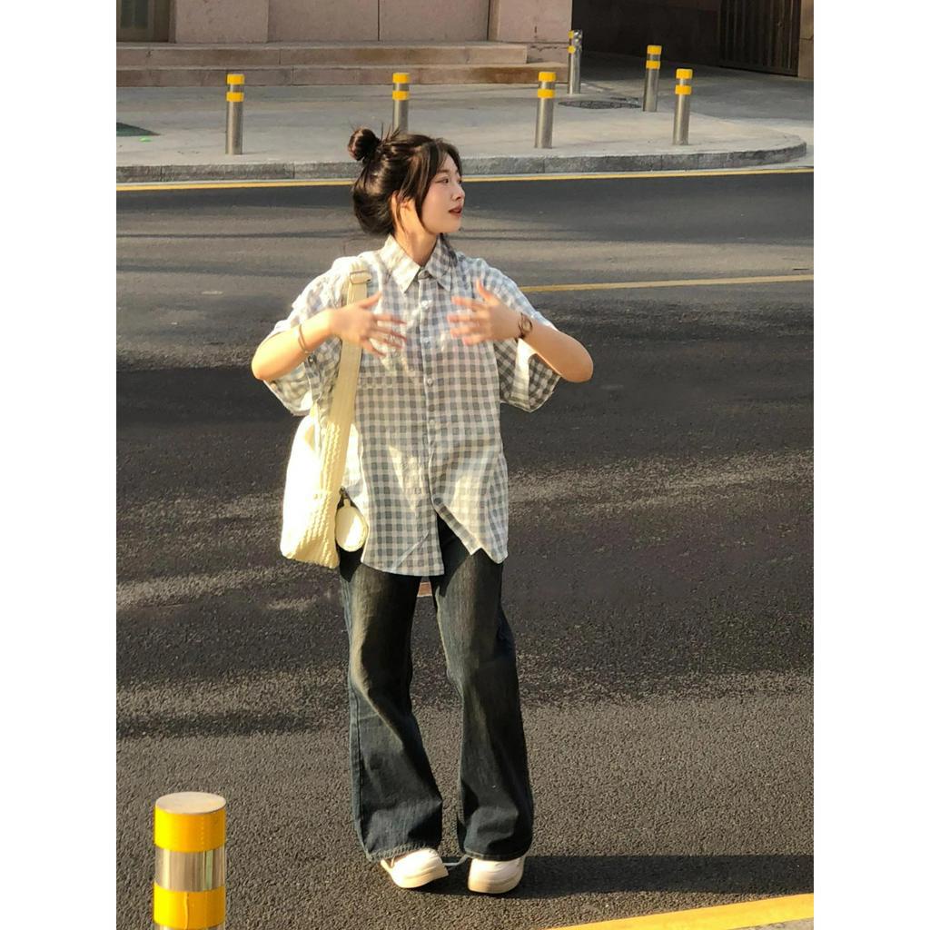 Ethelgirl Áo Sơ Mi Ngắn Tay Họa Tiết Ca Rô Thời Trang Dành Cho Nữ