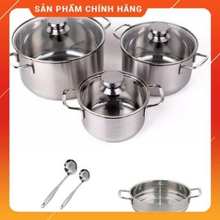 Bộ nồi và xửng hấp 3 đáy inox 430 Fivestar Standard bếp từ nắp kính(BỘ 4 MÓN VUNG KÍNH)