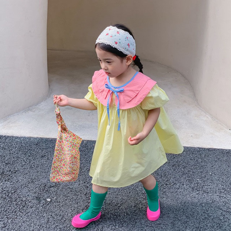 Đầm Tay Ngắn Phồng Cổ Xếp Ly Thắt Nơ Trước Thời Trang Mùa Hè Cho Bé Gái