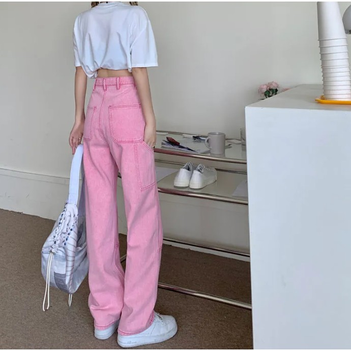 ✨PINKKKK JEANS✨Quần Jeans Ống Rộng Lưng Cao Màu Hồng Thiết Kế Năng Động Thời Trang | BigBuy360 - bigbuy360.vn