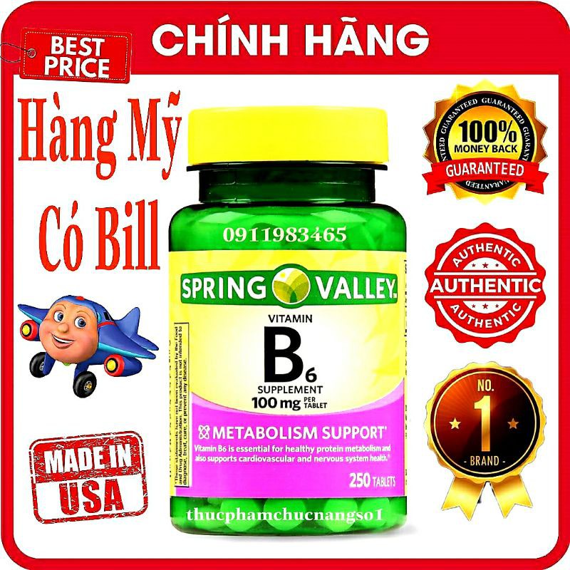 Vitamin B6 Spring Valley 250 Viên Hàng Mỹ Cam Kết Chính Hãng