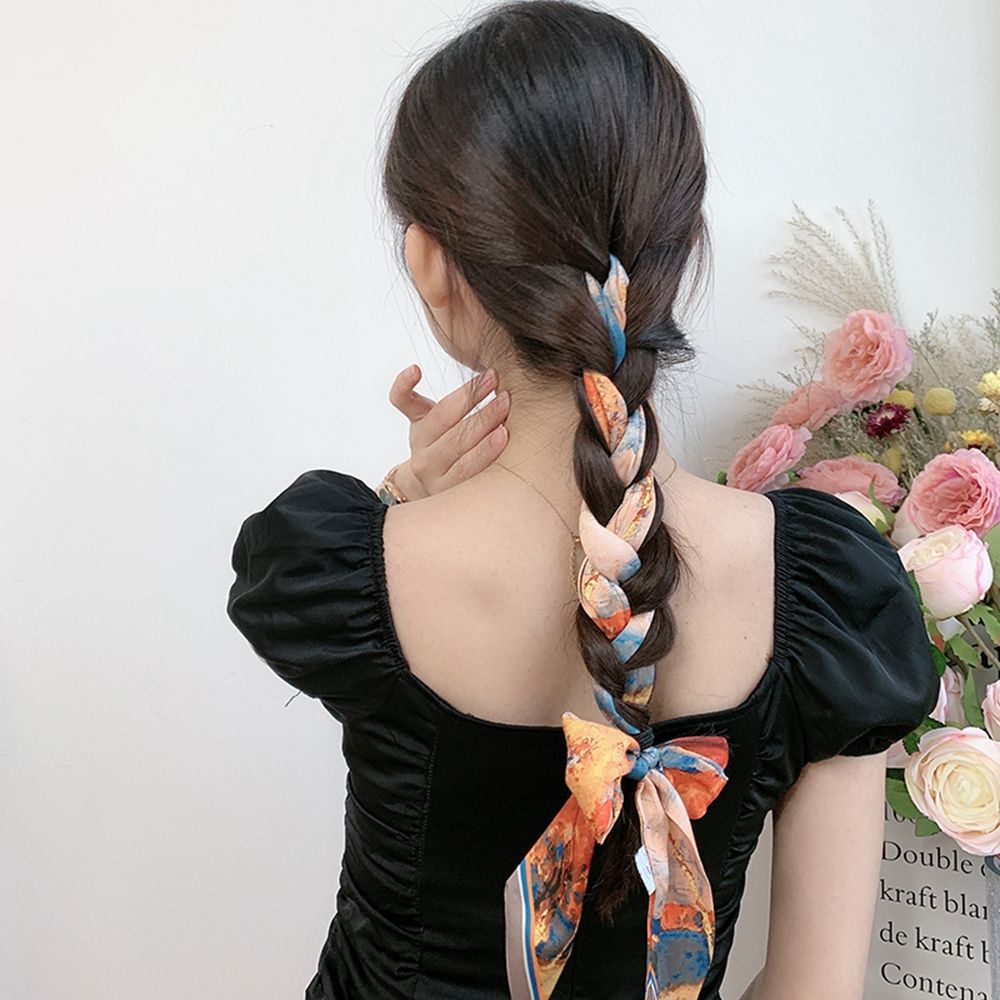 ANEMONE Simple Silk Scarf Headband Retro Korean Style Headband Bow Hair Rope Printing Long Ribbon Braided Hair Sweet France Temperament Female Headwear