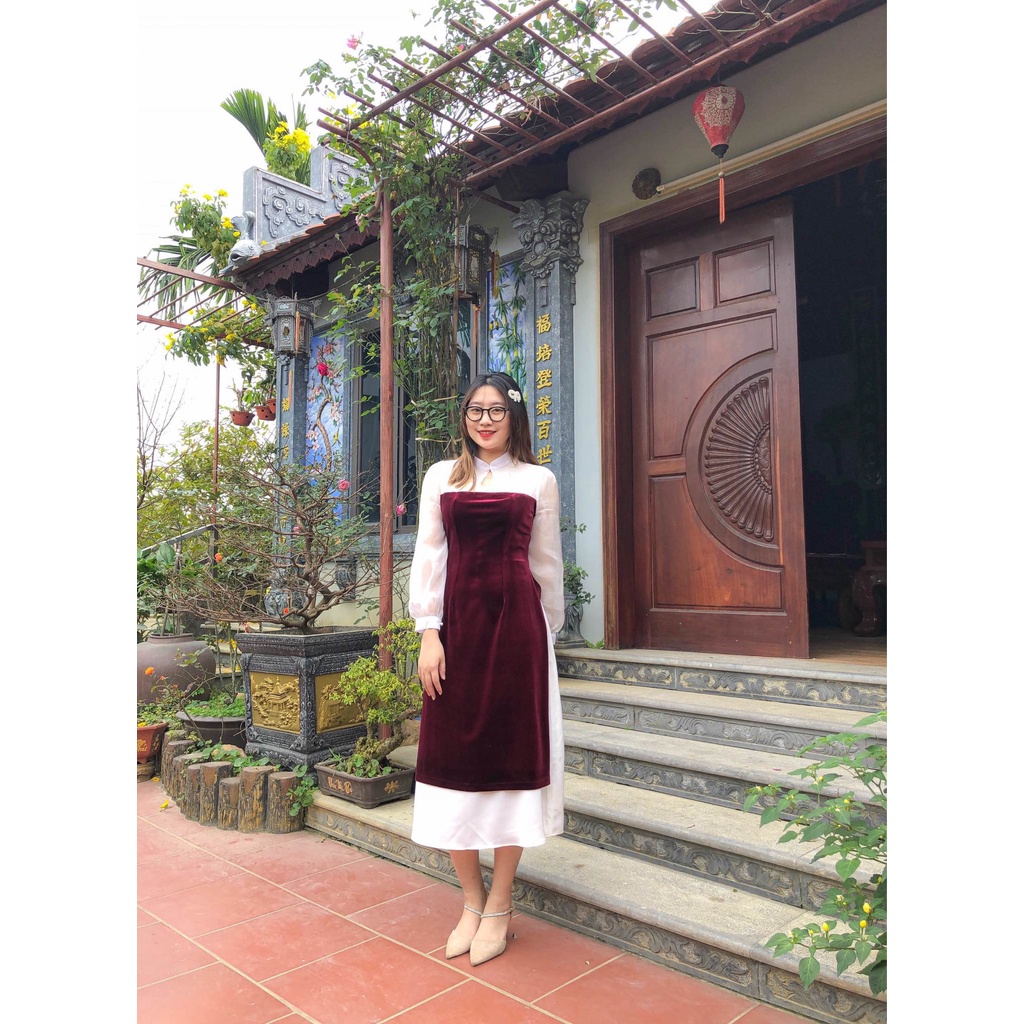 Áo dài nhung khoét giọt lệ kèm chân váy (55kg đến 95kg) - 22YCT09 - [BU Bigsize Young]
