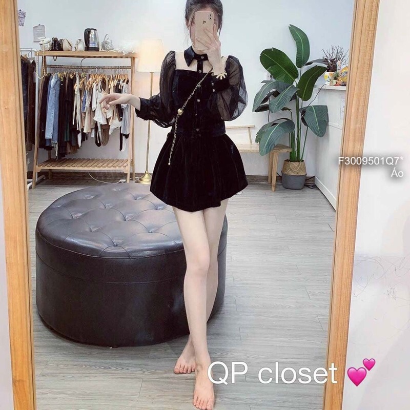Áo nhung đen khuy ngọc phối lưới cổ bẻ tay dài!