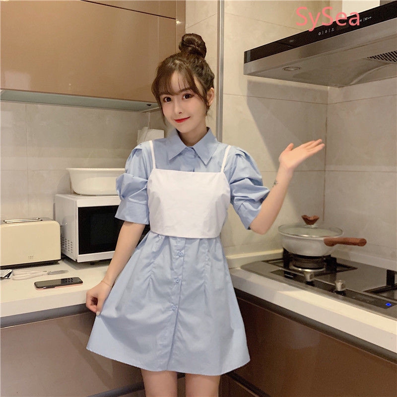 Women Retro Puff Sleeve Shirt + Sling Bow Tie Bandage Short Sleeve Shirt Dress