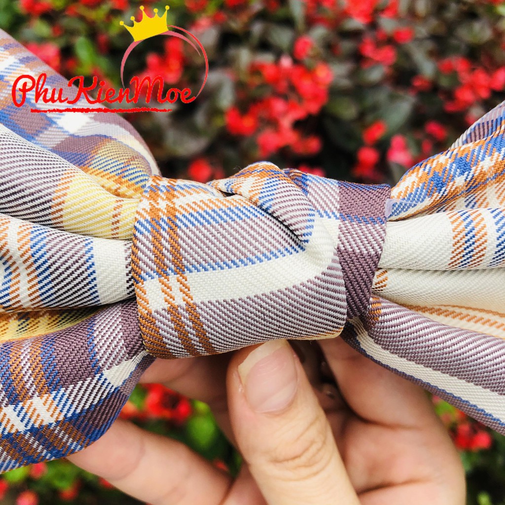 Kẹp tóc tiểu thư hình chiếc nơ kẻ nâu nhẹ nhàng nữ tính handmade