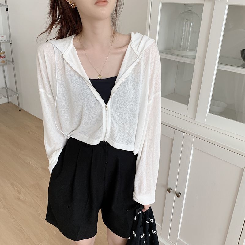 Jiashucheng Áo Khoác Cardigan Mỏng Có Nón Tay Dài Chống Nắng Phong Cách Mới Dành Cho Bạn Nữ Mặc Ngoài Trời