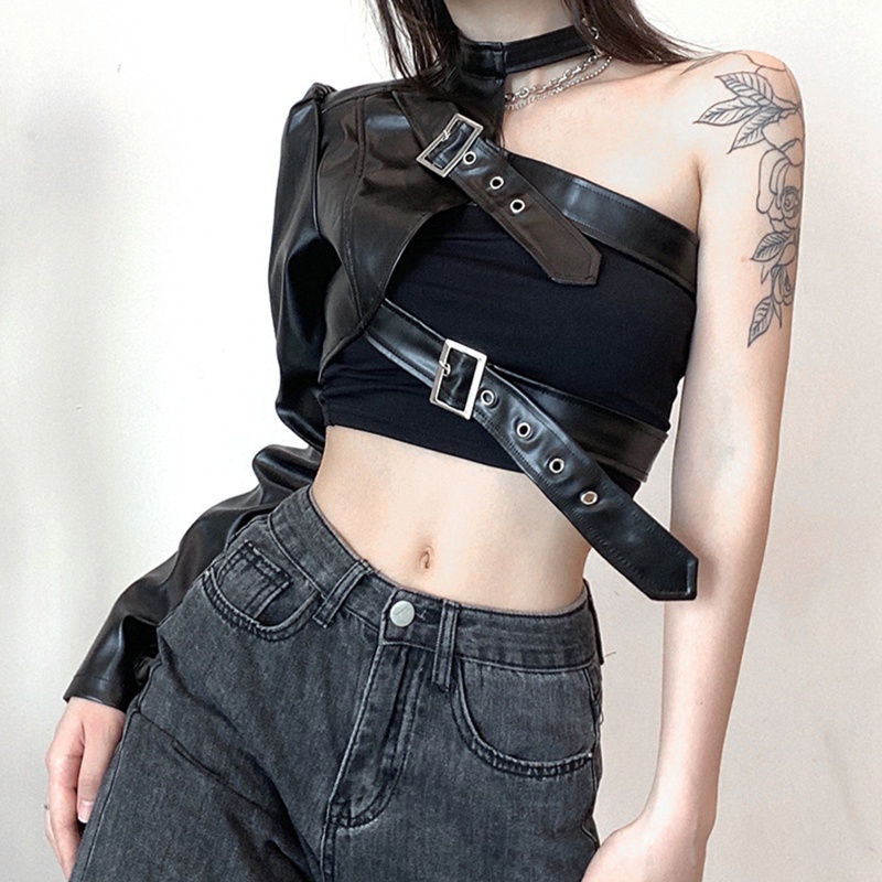Áo Croptop Da PU Tay Dài Lệch Vai Cài Khóa Kim Loại Điều Chỉnh Được Thời Trang Cho Bạn Gái