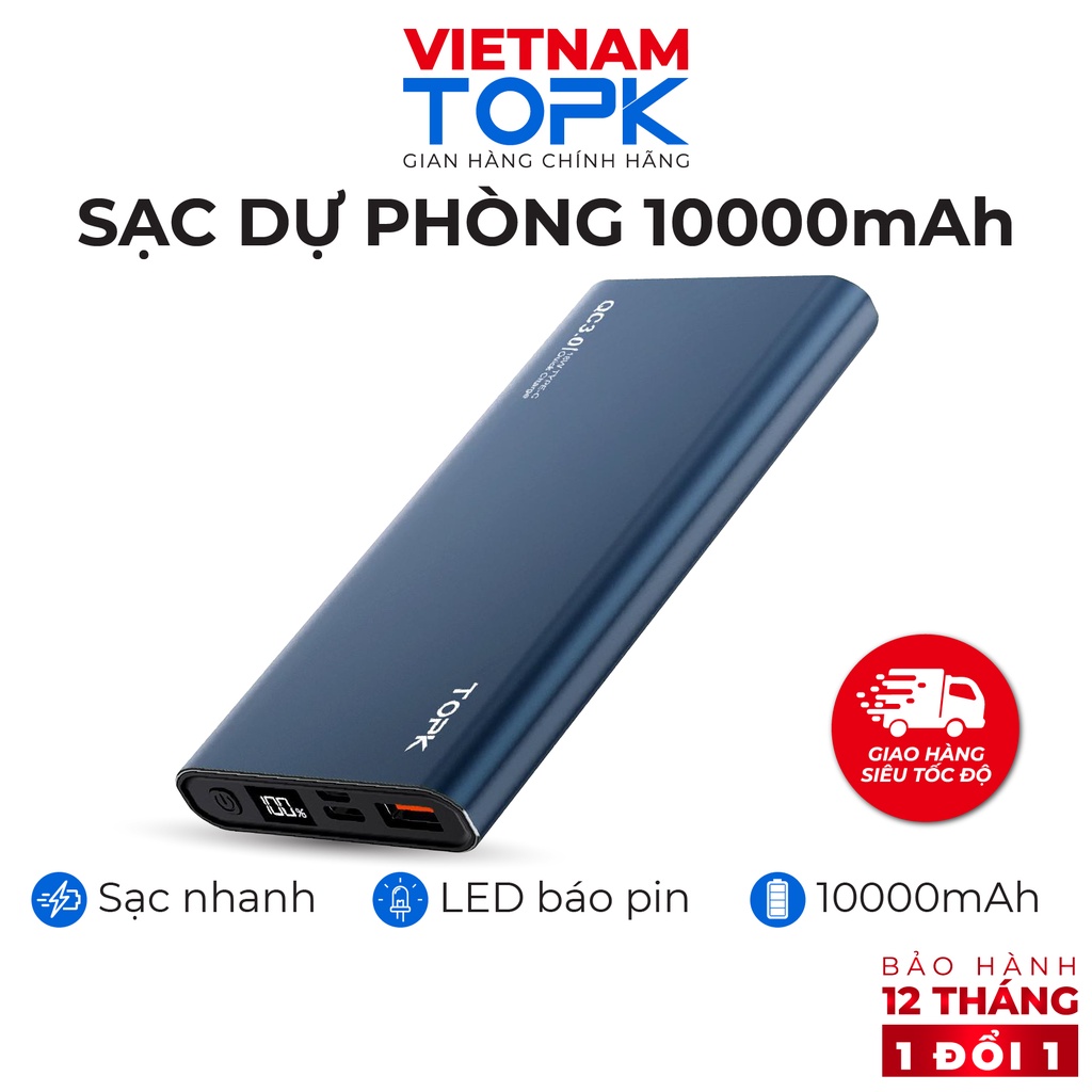 Sạc dự phòng TOPK I1006P 10000mAh - Sạc PD 18W - Màn hình LED - Hàng phân phối chính hãng - Bảo hành 12 tháng 1 đổi 1