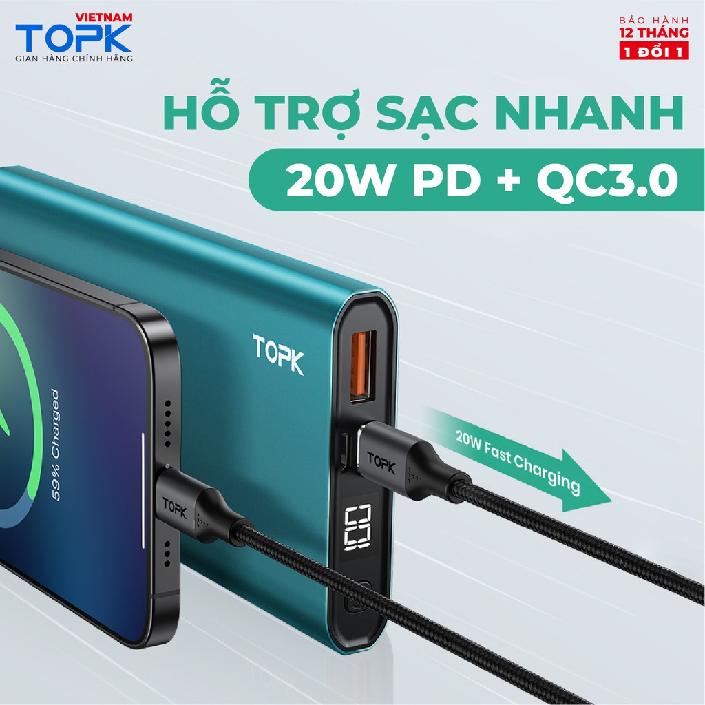 Pin Dự Phòng TOPK I1007P 20W PD QC3.0 10000mAh Sạc Nhanh Hiển Thị Điện Tử