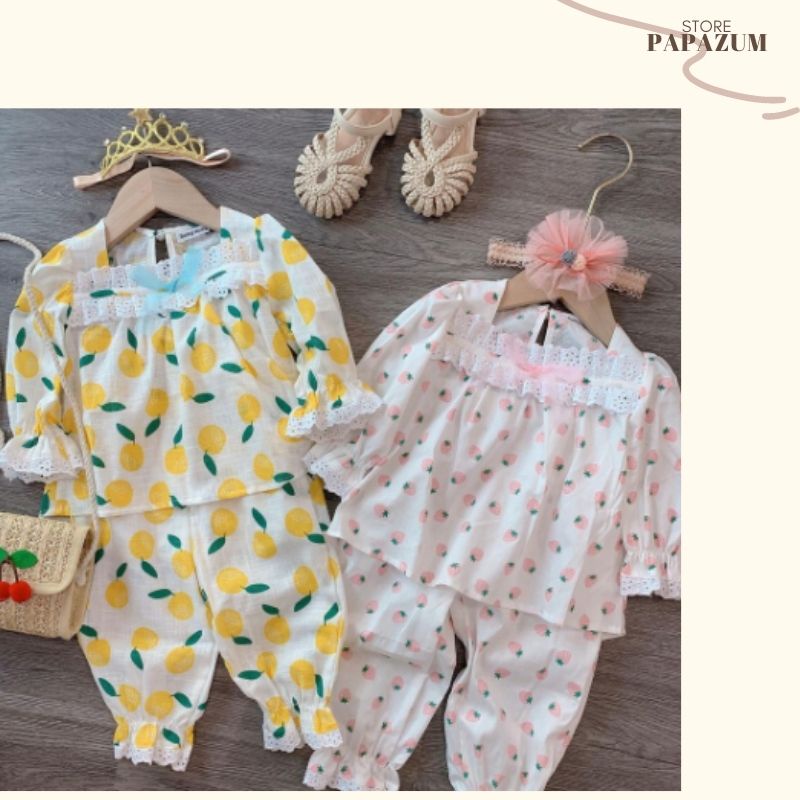 Bộ thu đông cho bé bộ bé gái dài tay họa tiết bắt mắt chất liệu thô đũi mềm mại PAPAZUM SA429