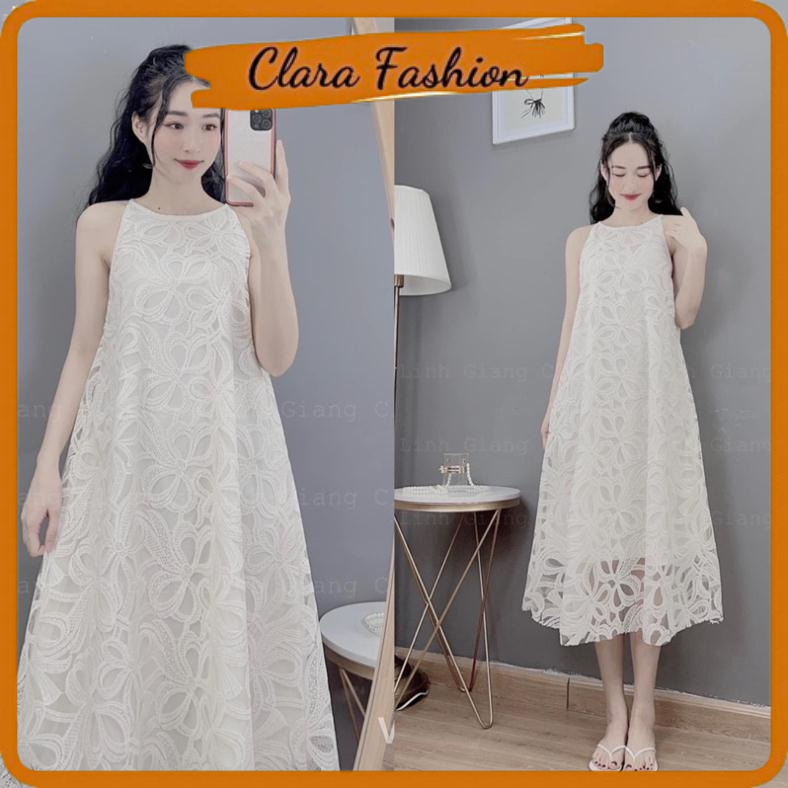 Váy Maxi Cổ Yếm Ren Hoa Nổi Hàng 2 Lớp Clara Siêu Xinh