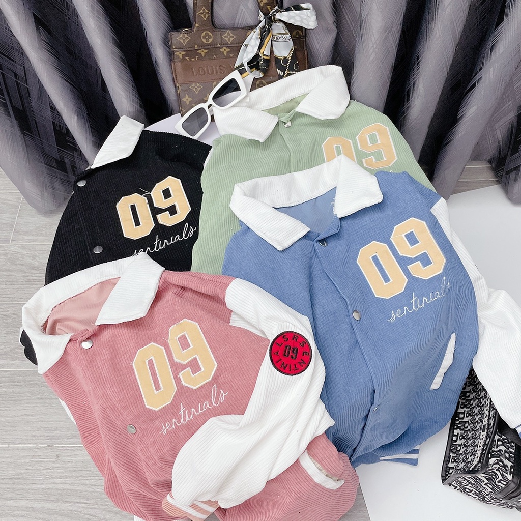 Áo Khoác Nhung Tăm Số 09 ❤ Áo Bomber Polo Cúc Bấm Dáng Rộng Nam Nữ