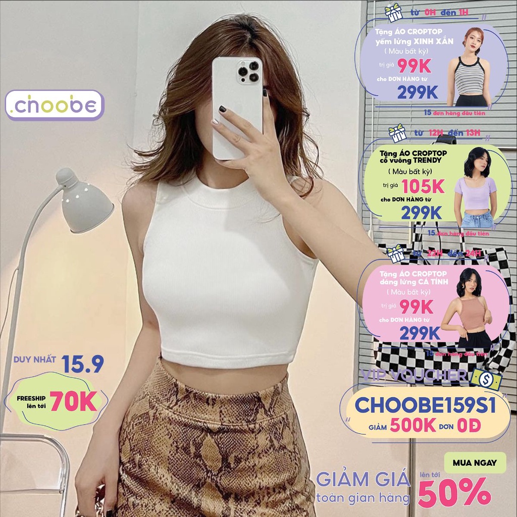 Áo croptop Choobe ba lỗ nữ cổ cao cotton sát nách không tay kiểu ôm body tank top vải thun co giãn tốt A56