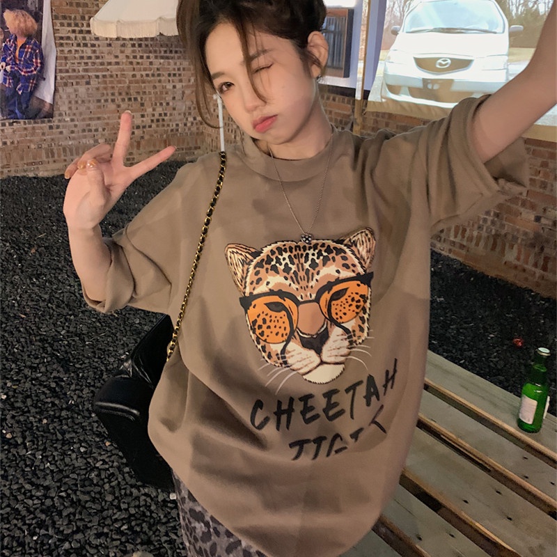 Áo Thun Tay Ngắn Dáng Rộng In Hoạt Hình Đầu Hổ Dễ Thương Cho Nữ