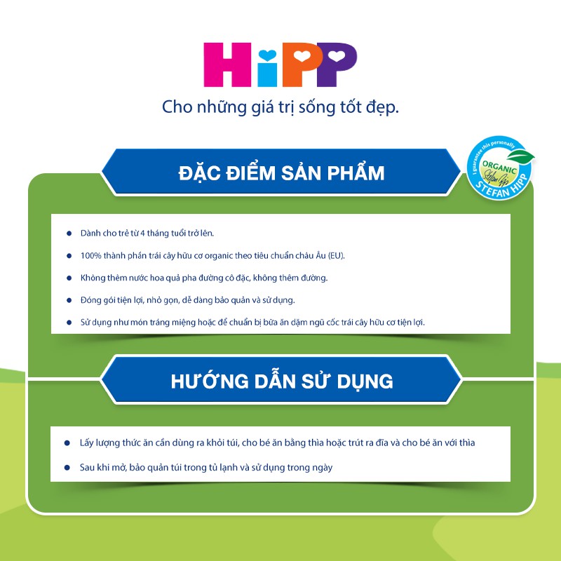Dinh dưỡng 100% Trái cây nghiền Organic HiPPiS Táo, Chuối 100g - Nhập khẩu Áo