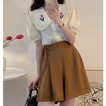 Set Áo Sơ Mi Tay Ngắn Cổ Đứng + Quần Short Ống Rộng Thời Trang Pháp Cho Nữ