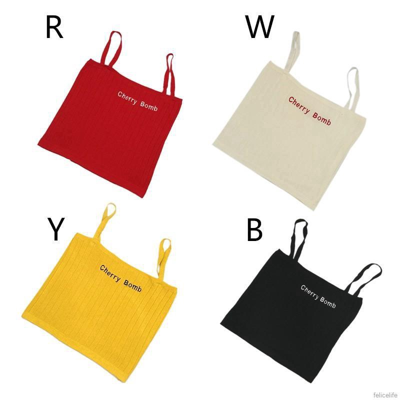 Áo 2 dây cổ vuông màu trơn gợi cảm cá tính thêu chữ Cherry Bomb dành cho bạn nữ