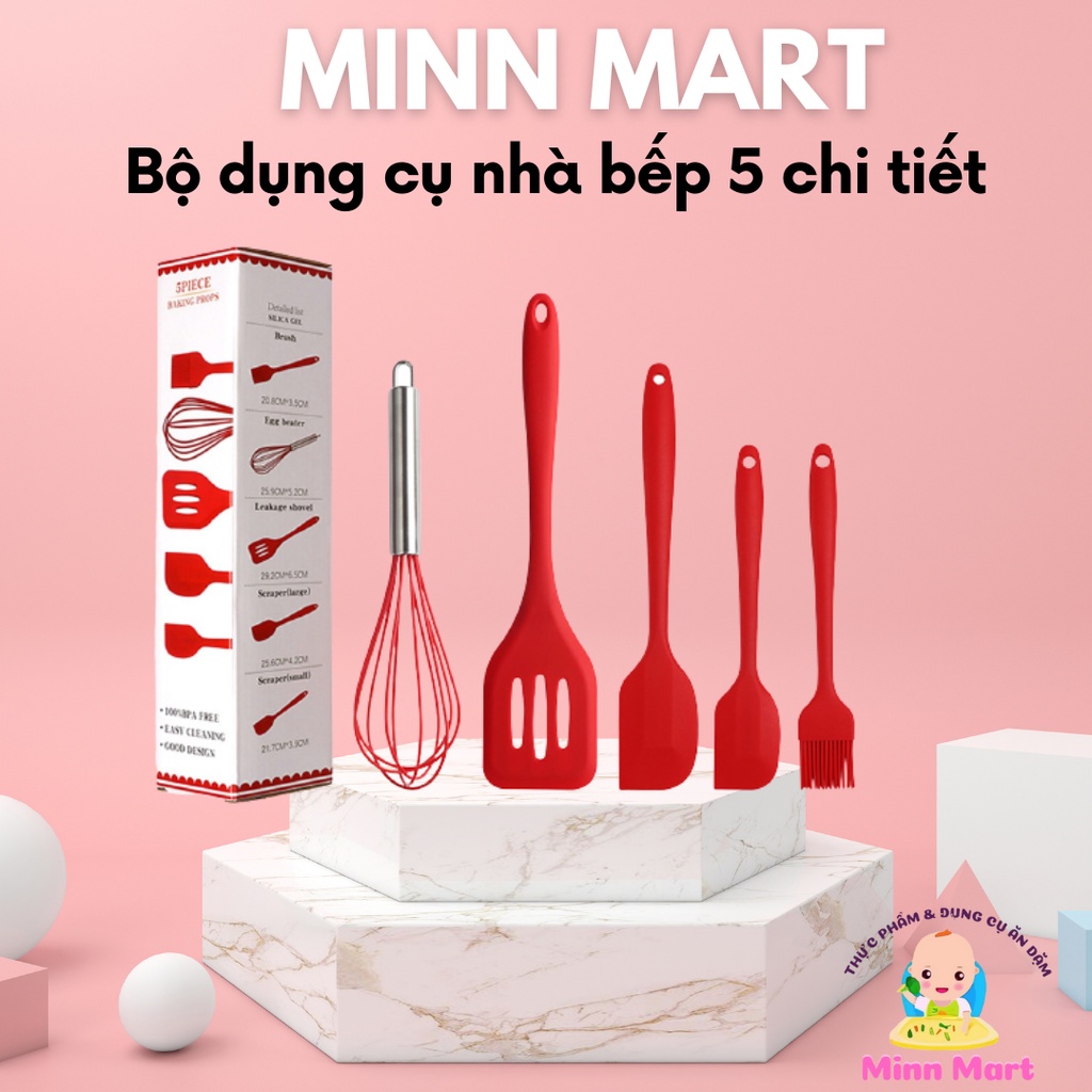 Bộ dụng cụ làm bánh 5 món silicon, nấu ăn, trà sữa, chè gồm chổi, spatula trộn bột, đánh trứng, xẻng silicone chịu nhiệt