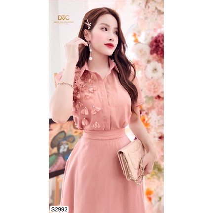 S2992 - set áo sơ mi voan và chân váy voan xoè màu hồng