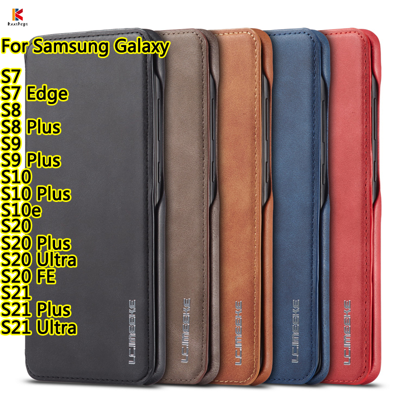 Samsung Galaxy S7/S7 Edge/S8 S9 S10 Plus/S10e/S10+ Luxury Genuine Leather Flip Cover Stand Case Magnetic Function Business Protective Shell Card Slot LC series