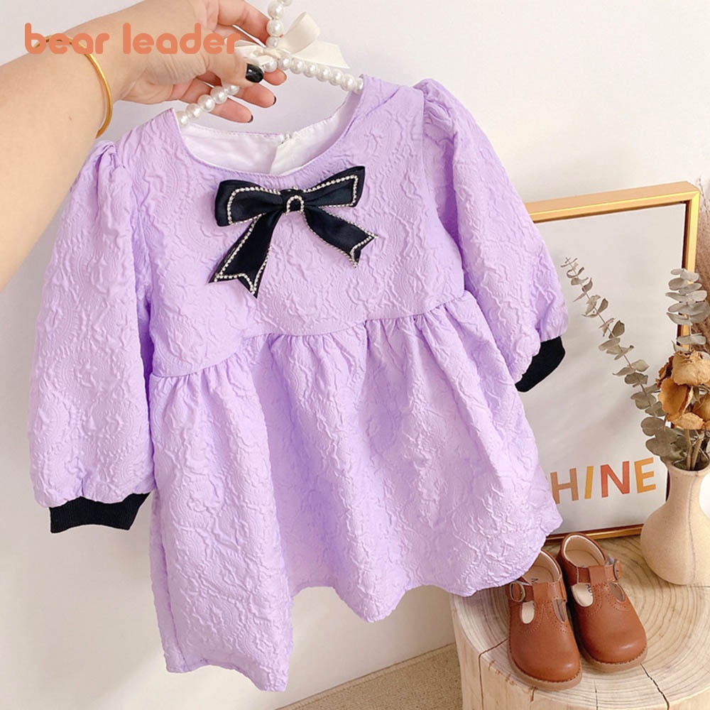 Đầm công chúa BEAR LEADER tay dài phối ren thắt nơ xinh xắn cho bé gái 2-7 tuổi