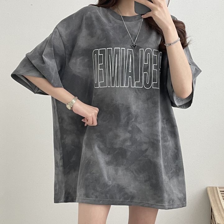 Ao thun tay lỡ form rộng dàng dài trùm mông loang xám cực chất