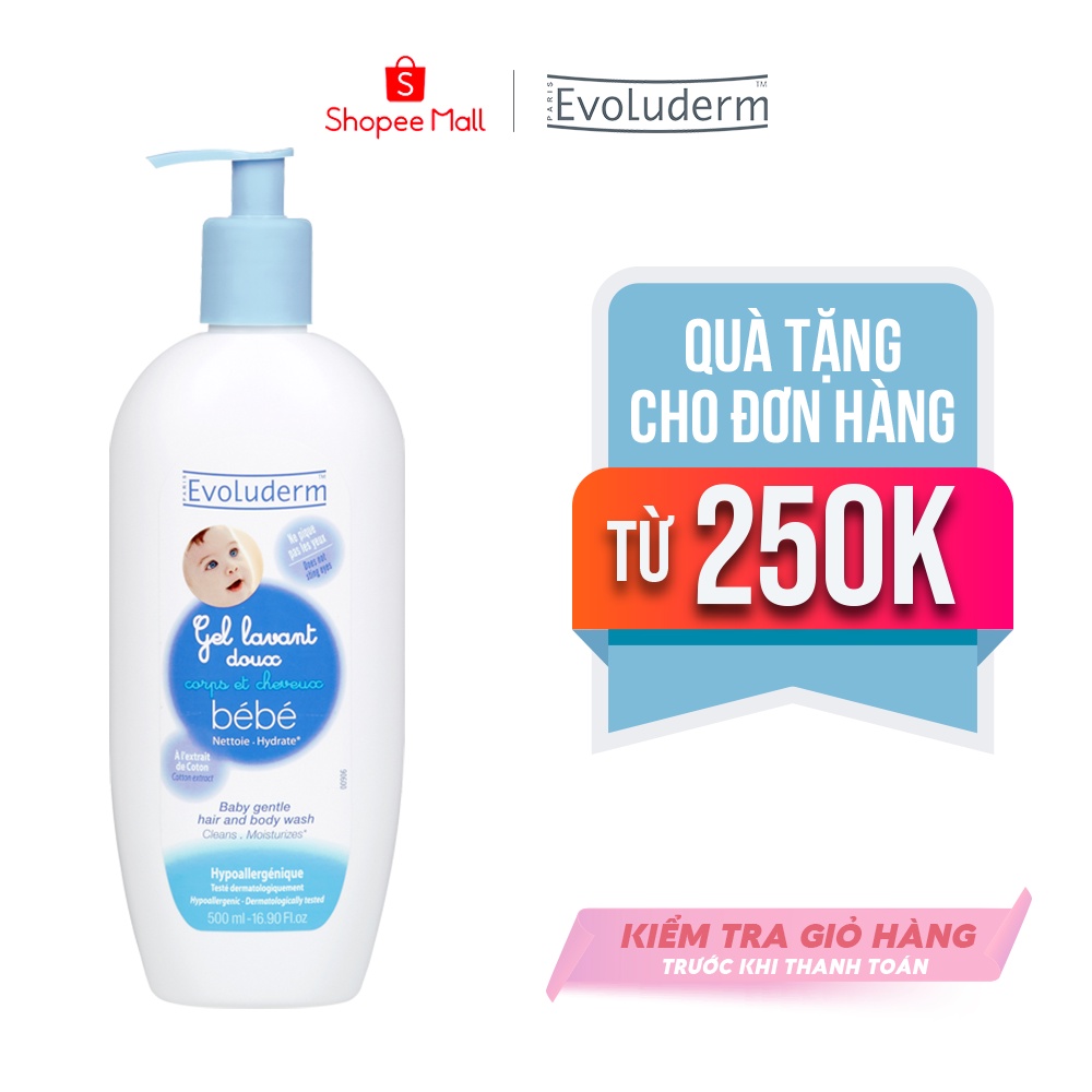 Gel tắm gội làm sạch dưỡng ẩm toàn thân cho em bé Chính hãng Evoluderm 500ml