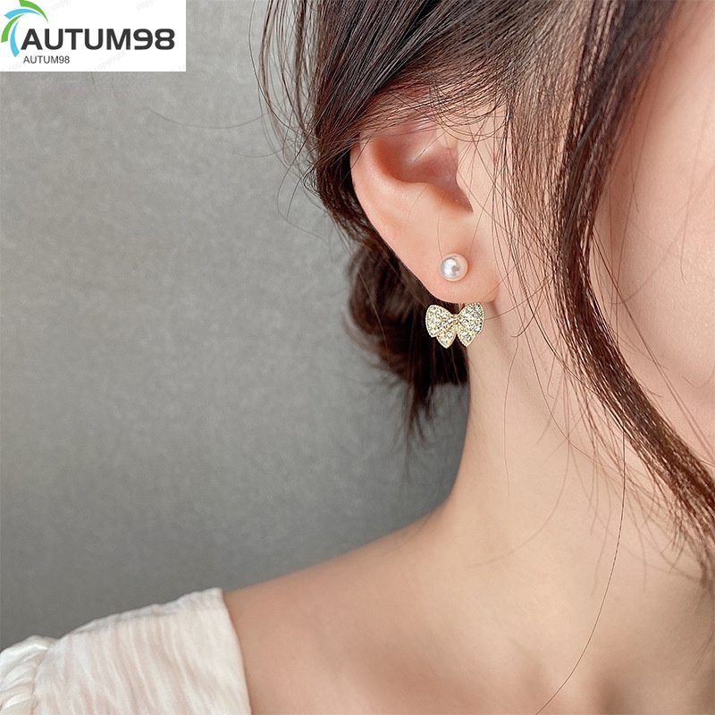 Autum98 Khuyên tai mạ bạc 925 hình nơ phối ngọc trai nhân tạo đơn giản phong cách Hàn Quốc (B5-2-3)