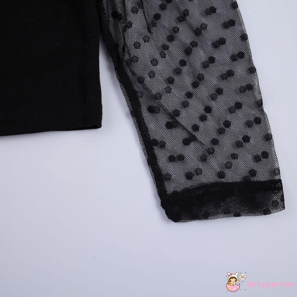 Áo Crop Top Tay Dài Xuyên Thấu Chấm Bi + Chân Váy Cho Bé Gái