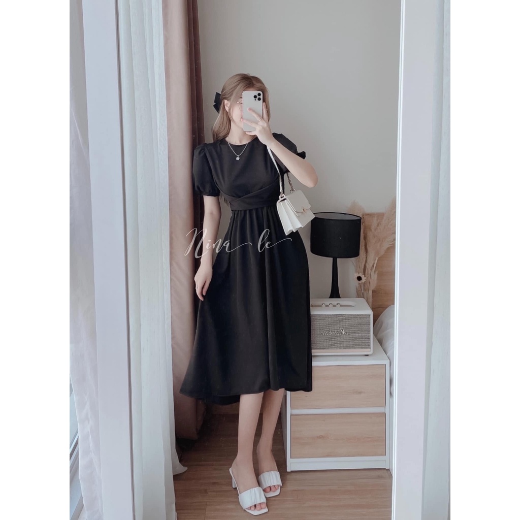 Đầm nữ tay phồng thắt eo kết nơ dáng xòe siêu xinh, 3 màu sắc (Trắng, Đen, Xanh) thích hợp cho nàng dạo phố, đi biển
