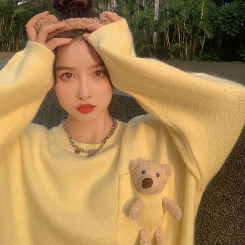 Áo sweater dày dặn chui đầu kiểu dáng rộng trang trí búp bê gấu phong cách nước ngoài cho nữ