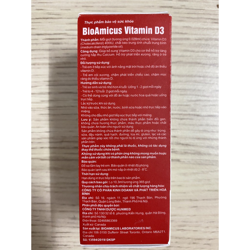 Bioamicus Vitamin D3 - Bổ Sung Vitamin D3 Giúp Phát Triển Xương, Răng Ở Trẻ ( Chai 10.3ml ) - Canada