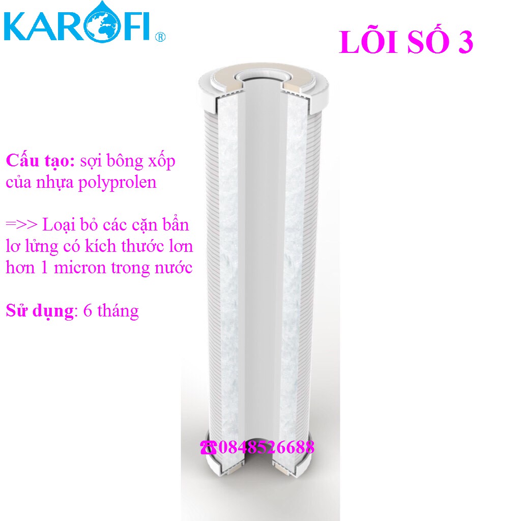 Bộ 3 lõi lọc 123 Karofi xử lý nước cứng - Lõi số 2 Cation vỏ T3- cho máy Ne