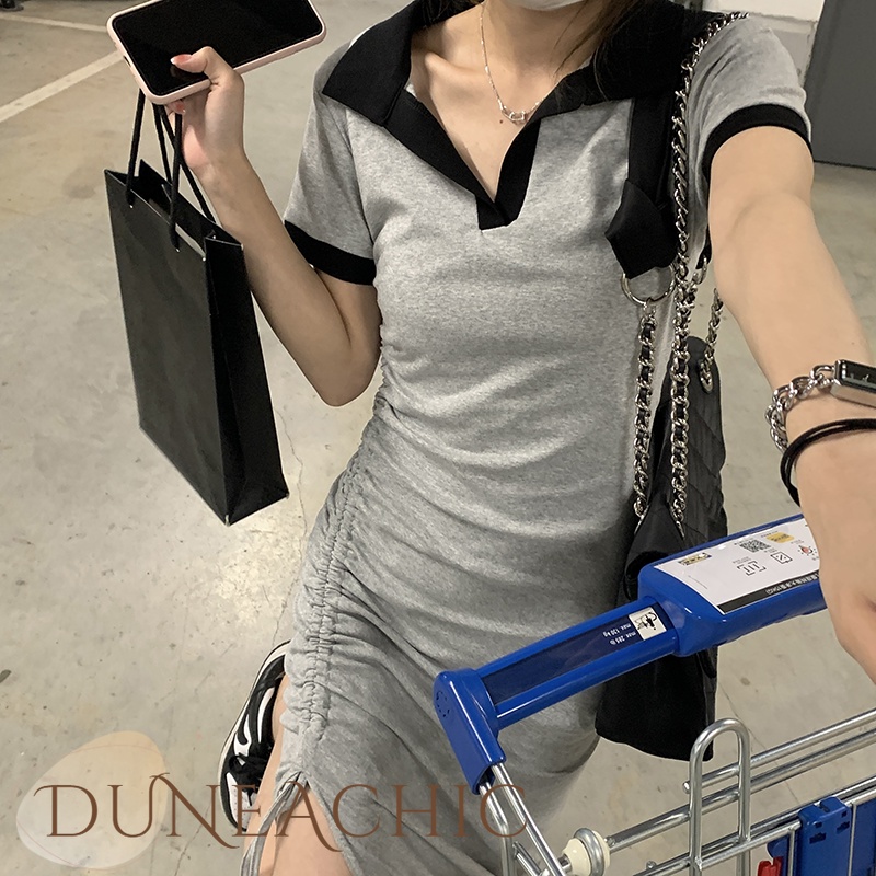 DUNEA Đầm Cổ Polo Rút Dây Xếp Ly Xẻ Tà Màu Tương Phản Quyến Rũ Cho Nữ